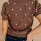 Brown ribbed polka dot round neck knit top with puffed sleeves