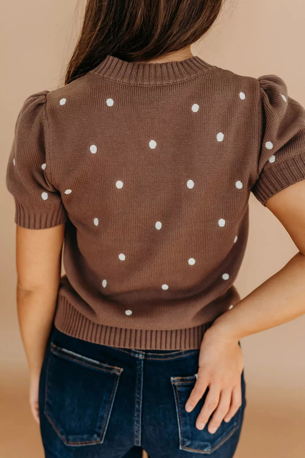 Brown ribbed polka dot round neck knit top with puffed sleeves
