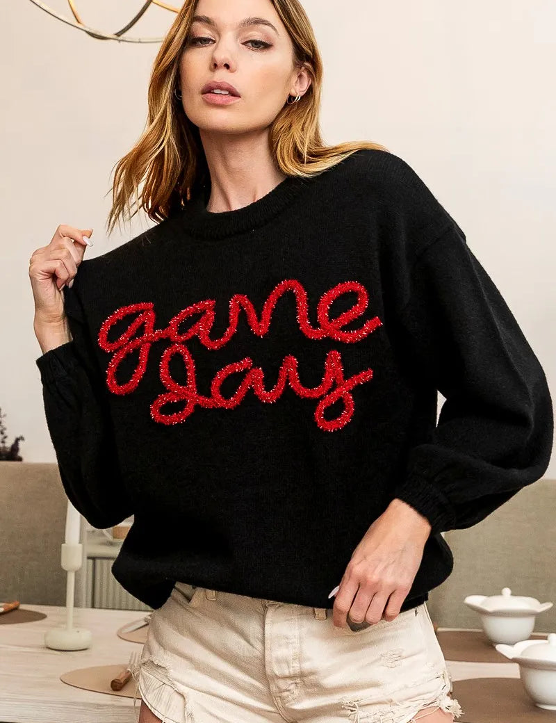 BiBi Game Day Metallic Letter Sweater | Sweaters Daverri Fashions