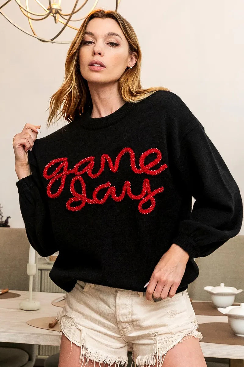BiBi Game Day Metallic Letter Sweater | Daverri Fashions