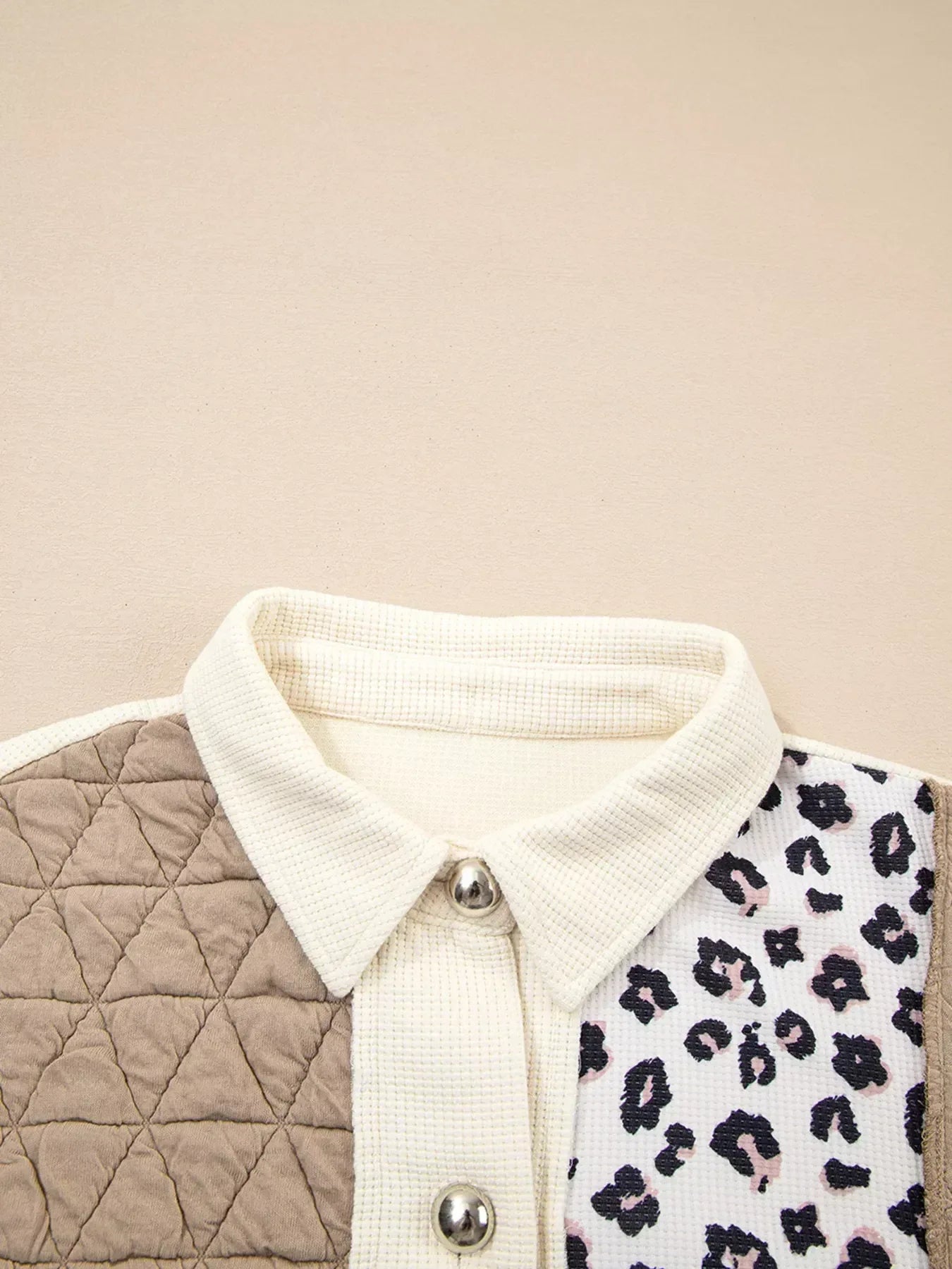 Leopard Waffle Quilted Patchwork Button Front Jacket - DAVERRI FASHIONS