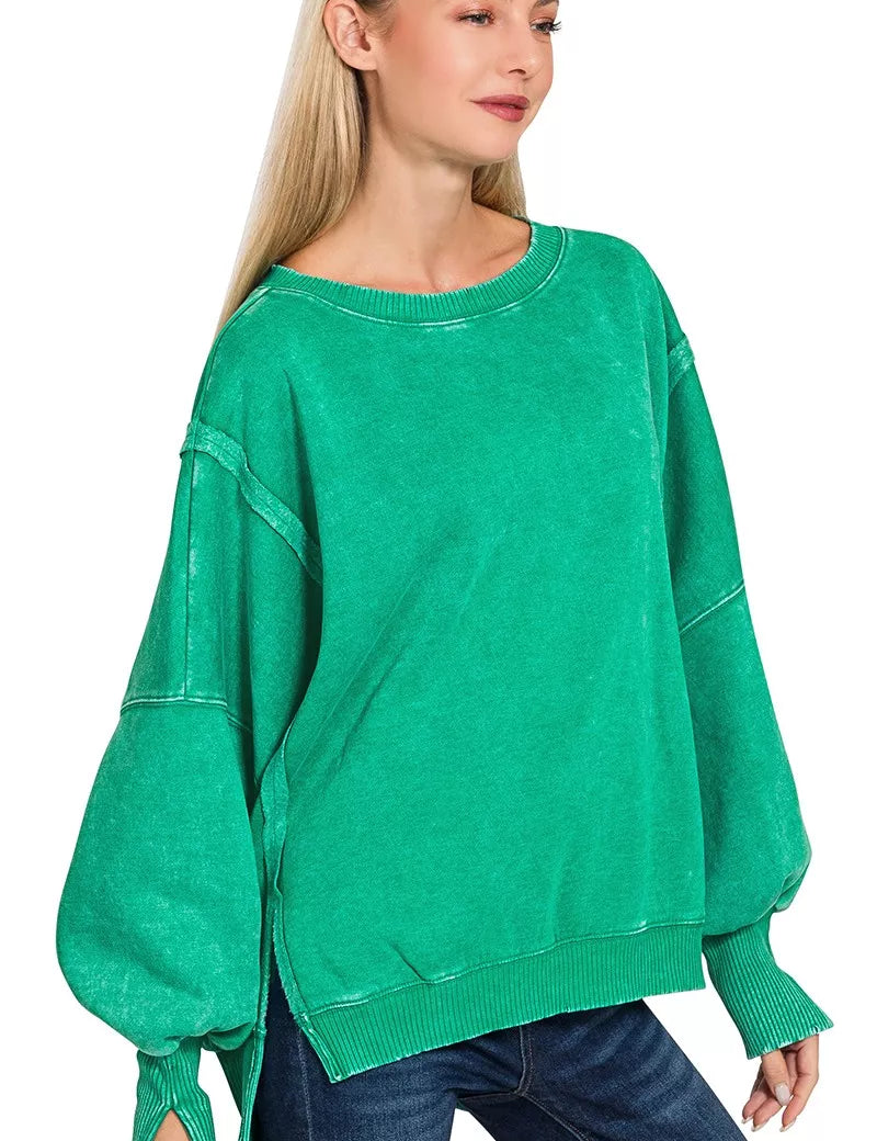 Zenana acid washed batwing sleeve fleece sweatshirt in green