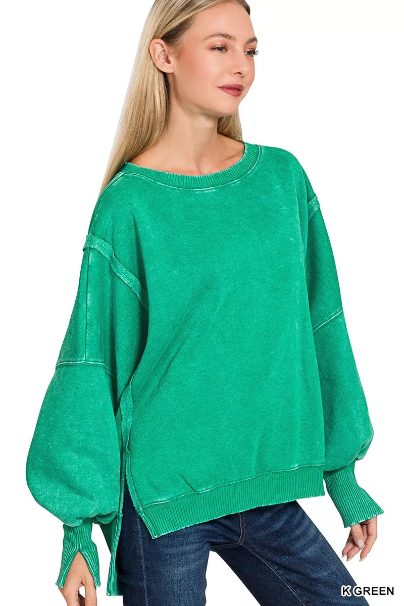 Zenana acid washed batwing sleeve fleece sweatshirt in green