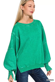 Zenana acid washed batwing sleeve fleece sweatshirt in green