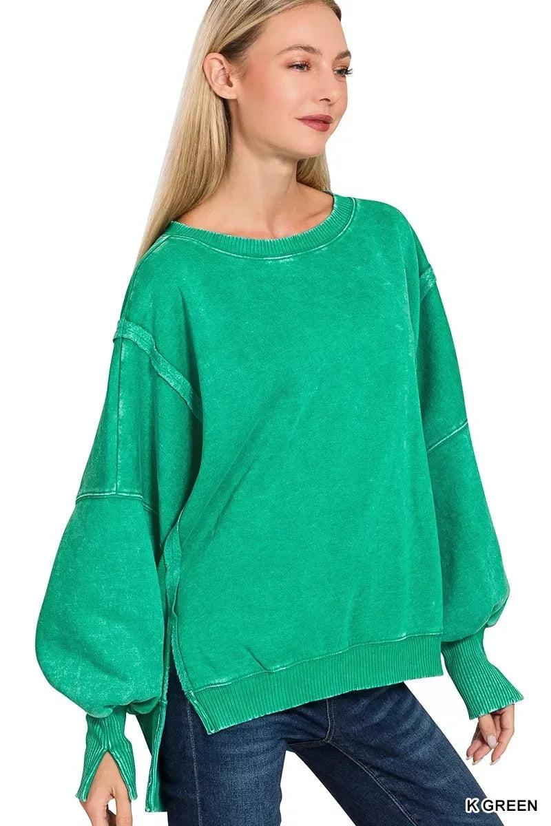 Zenana Acid Washed Batwing Sleeve Fleece Sweatshirt - DAVERRI FASHIONS