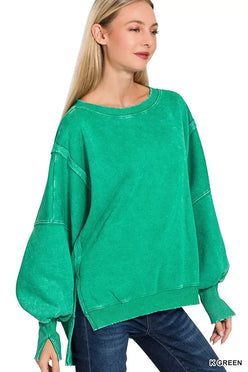 Zenana Acid Washed Batwing Sleeve Fleece Sweatshirt - DAVERRI FASHIONS