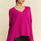 Vibrant fuchsia Davi & Dani oversized ribbed V-neck sweater with side slits