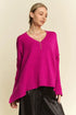 Vibrant fuchsia Davi & Dani oversized ribbed V-neck sweater with side slits
