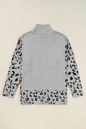 Slit Leopard Mock Neck Dropped Shoulder Sweater | Sweaters Daverri Fashions