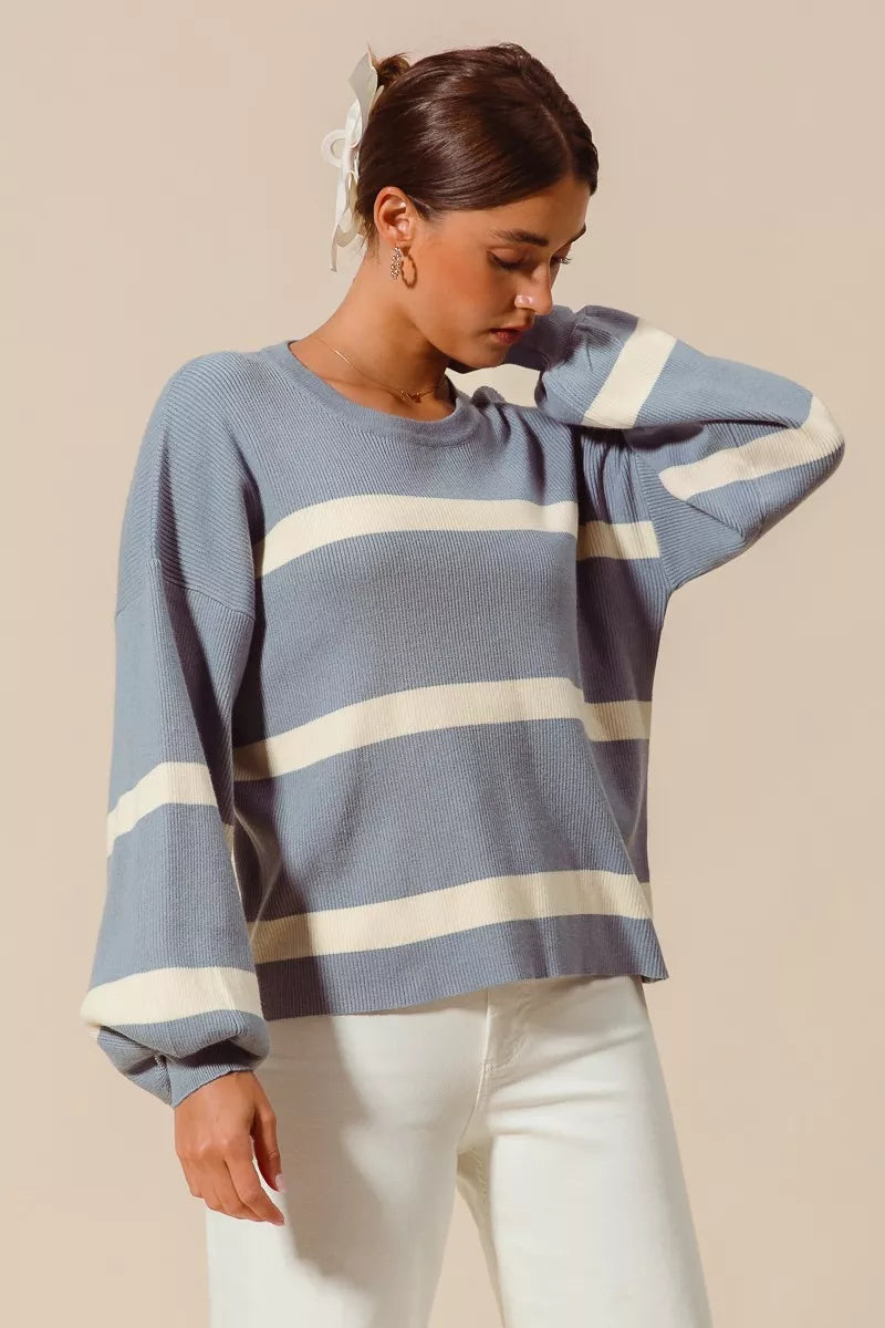 SO ME ribbed striped round neck cotton sweater in blue and white