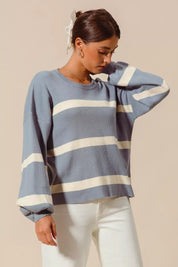 SO ME ribbed striped round neck cotton sweater in blue and white