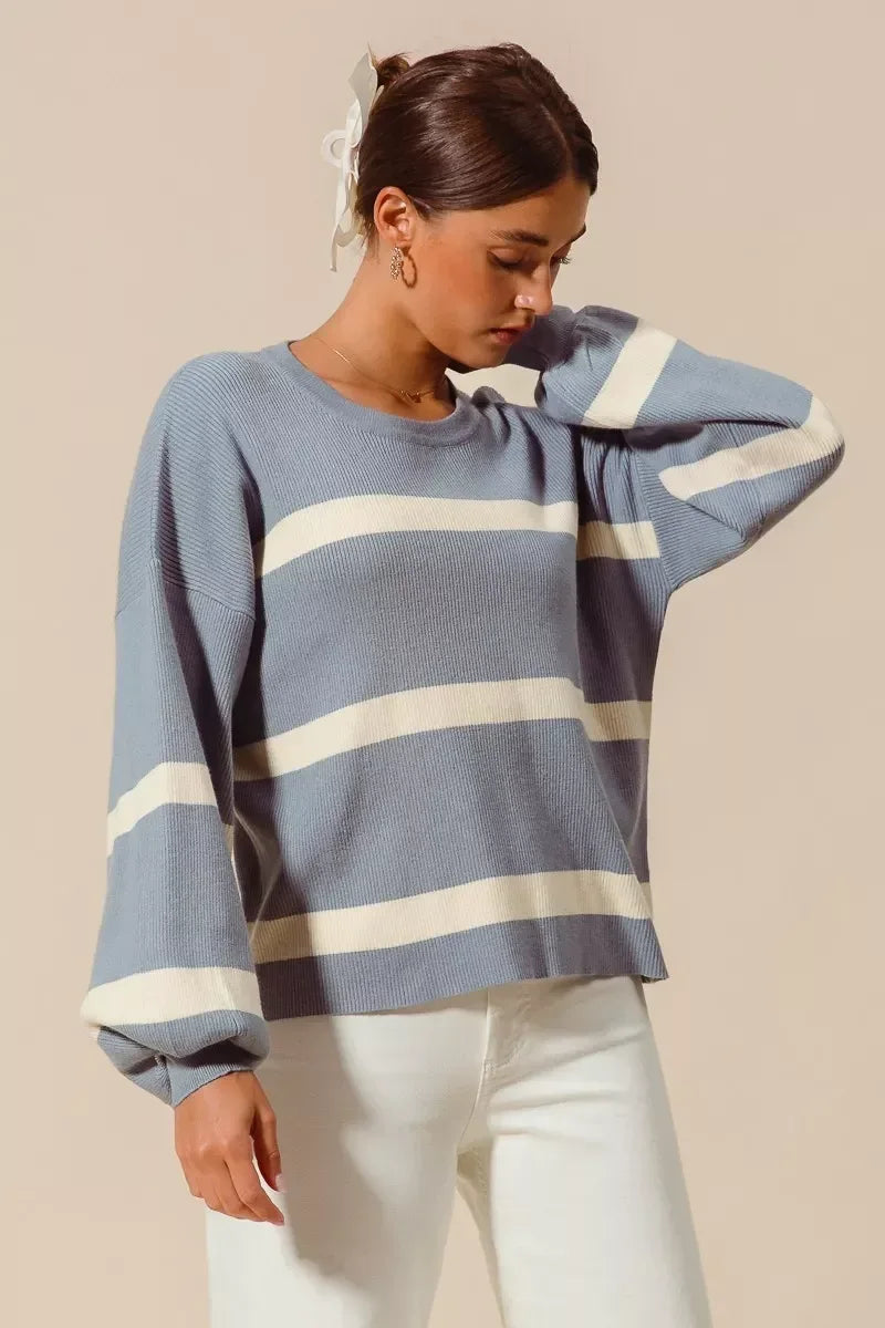 SO ME Ribbed Striped Round Neck Sweater - DAVERRI FASHIONS