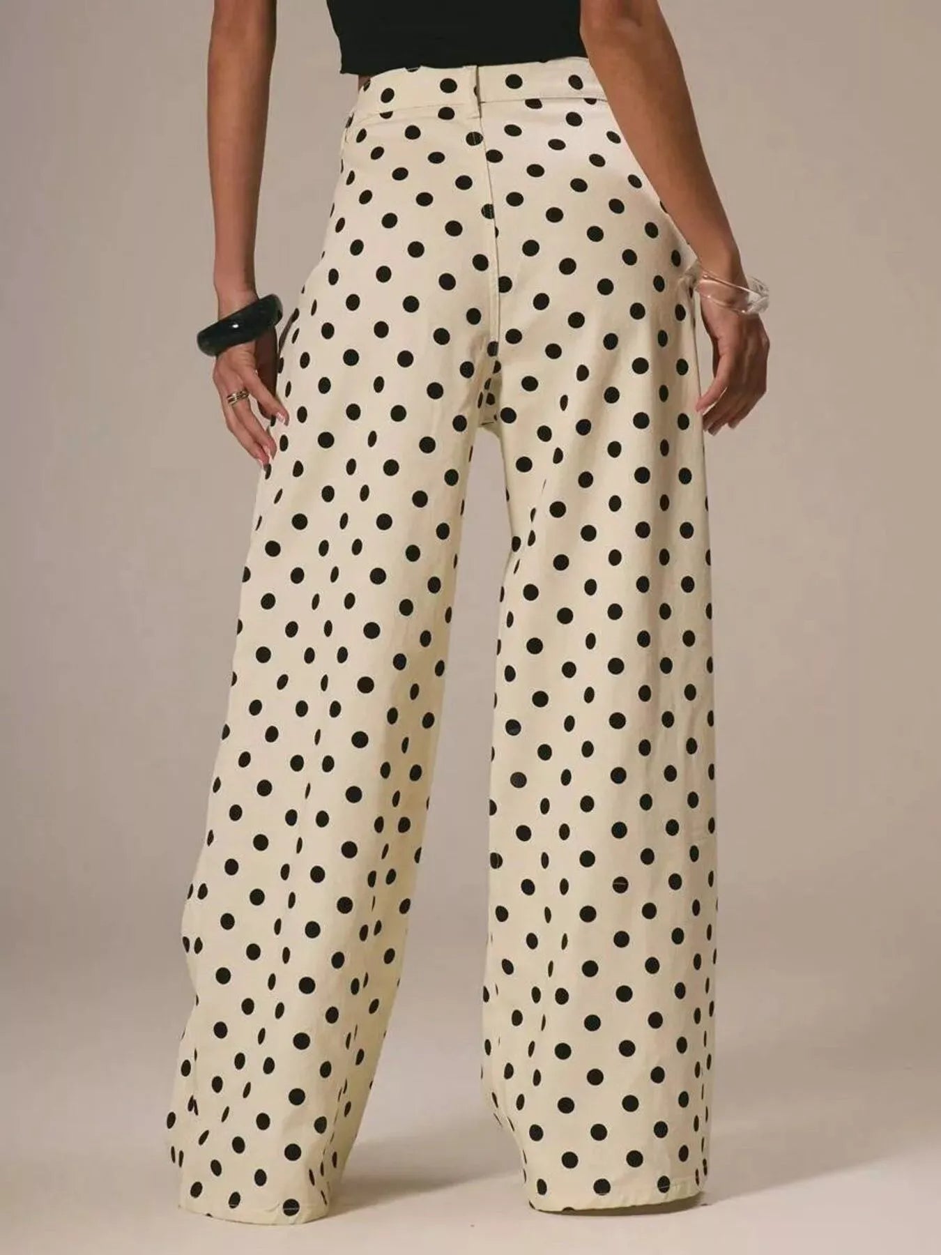 Daverri Polka Dot Wide Leg Jeans in cream with black polka dots