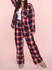 Plaid Collared Neck Button Up Top and Pants Lounge Set | Loungewear Sets Daverri Fashions