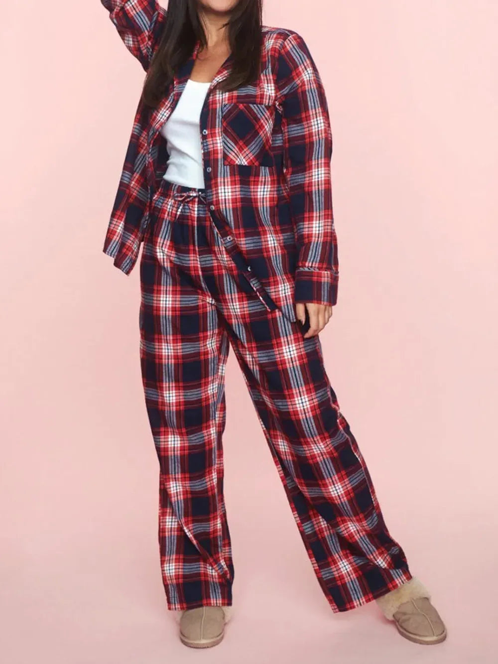 Plaid Collared Neck Button Up Top and Pants Lounge Set - DAVERRI FASHIONS