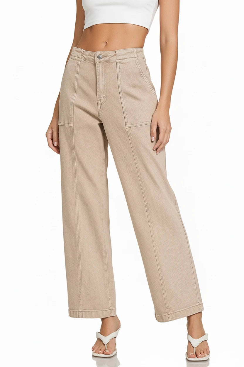 Zenana beige high-rise wide-leg utility pocket jeans with button closure