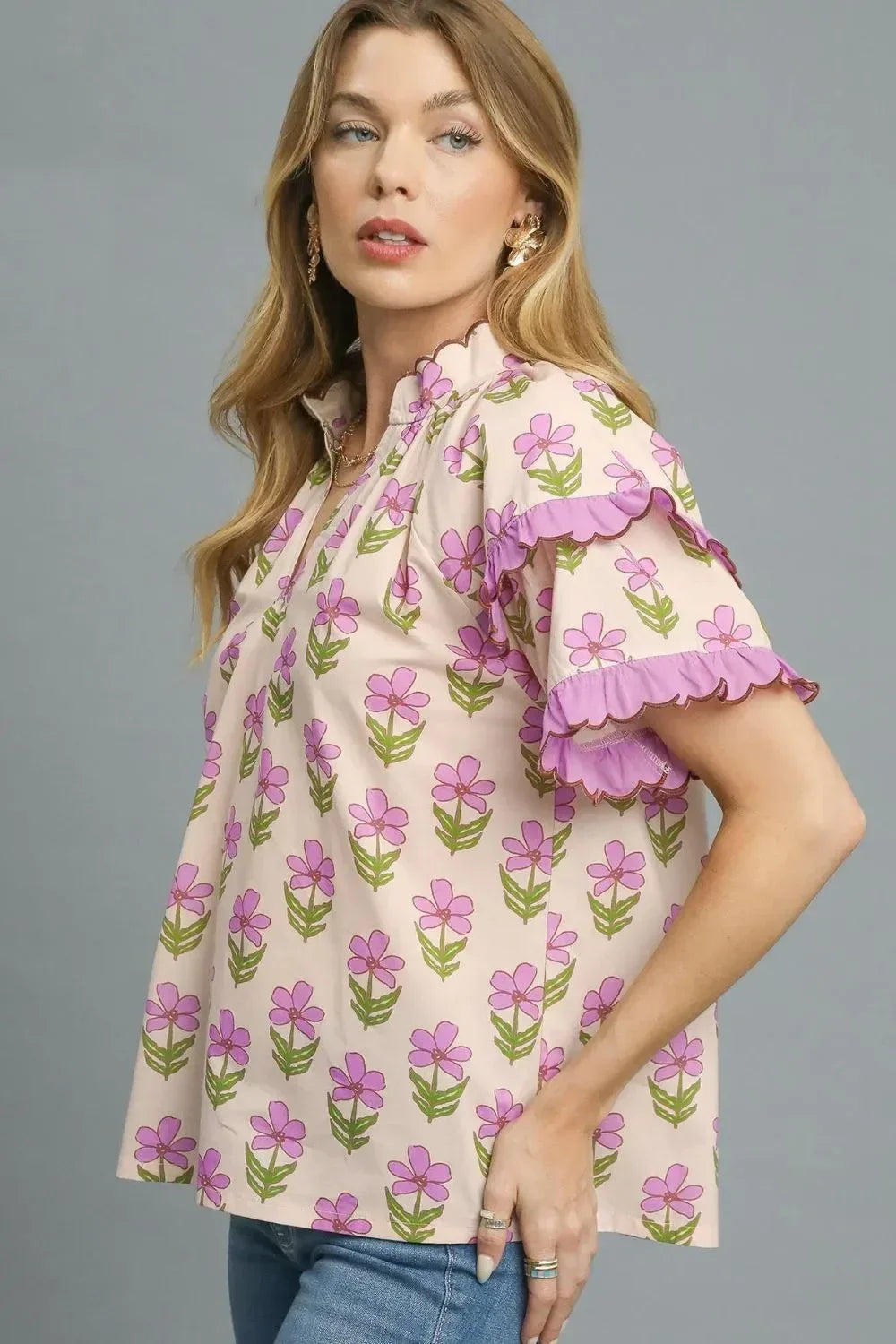 Umgee Floral Print Ruffle Short Sleeve Blouse - DAVERRI FASHIONS