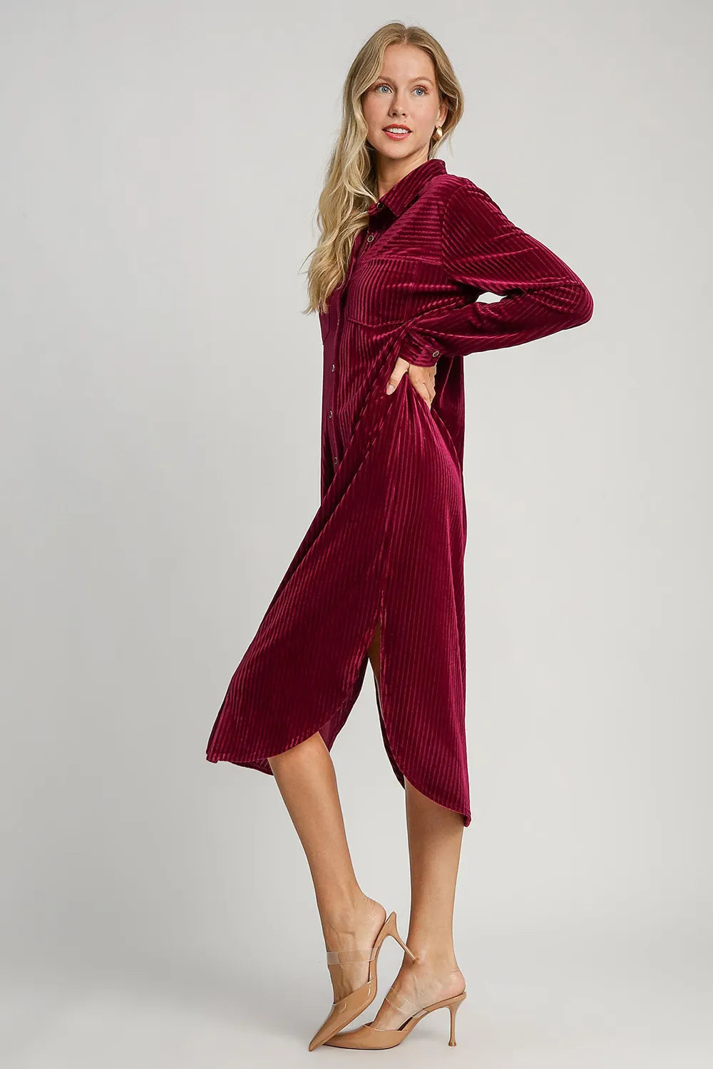 Umgee Texture Curved Hem Button Down Shirt Dress Midi Dresses