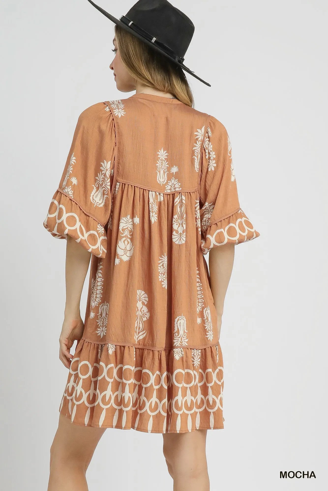 Umgee Boarder Print Tassel Tie Neck Mini Dress Mini Dresses