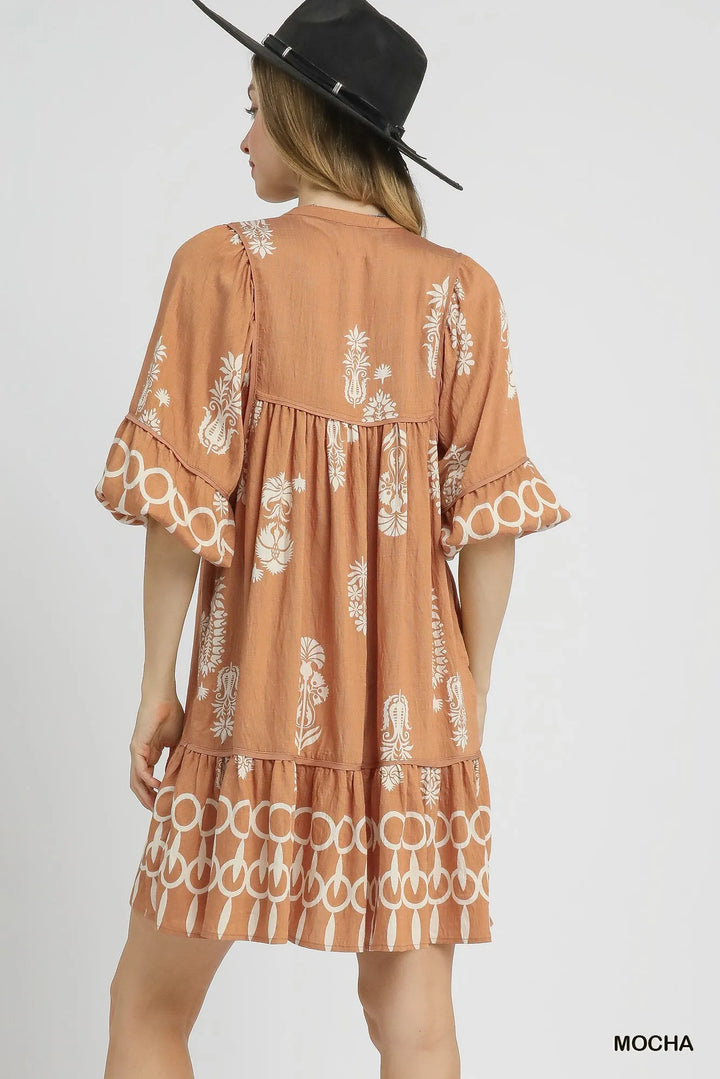 Umgee Boarder Print Tassel Tie Neck Mini Dress Mini Dresses