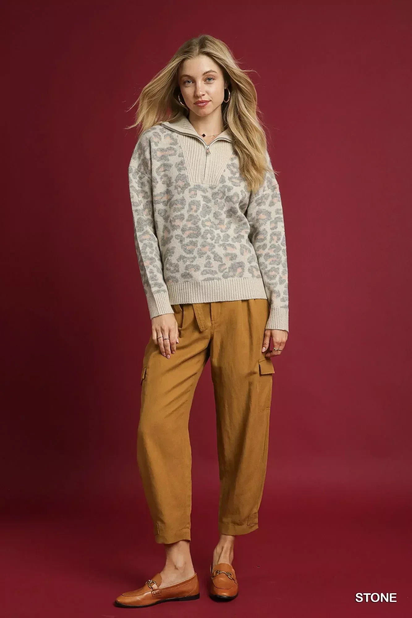 Umgee Leopard Print Quarter-Zip Knit Sweater - DAVERRI FASHIONS