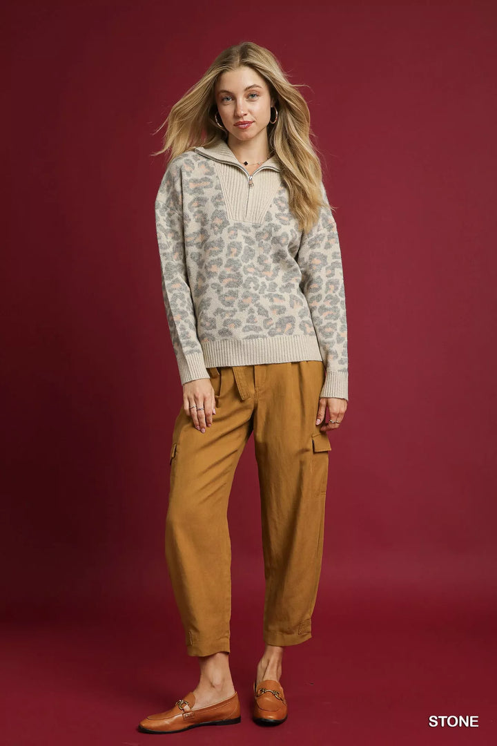 Umgee Leopard Print Quarter-Zip Knit Sweater | Sweaters Daverri Fashions