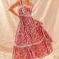 SO ME floral maxi dress with ribbon tie lace strap, pink tiered skirt and lace trim