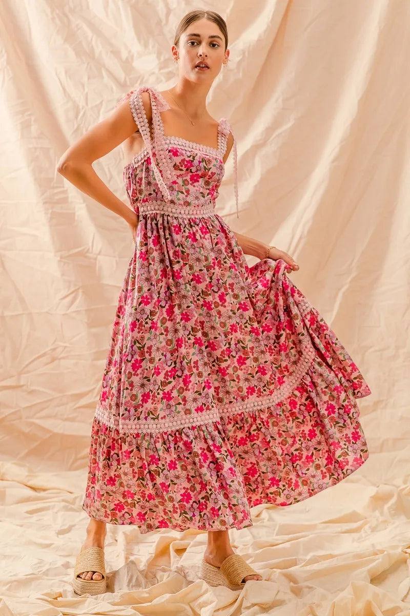 SO ME floral maxi dress with ribbon tie lace strap, pink tiered skirt and lace trim