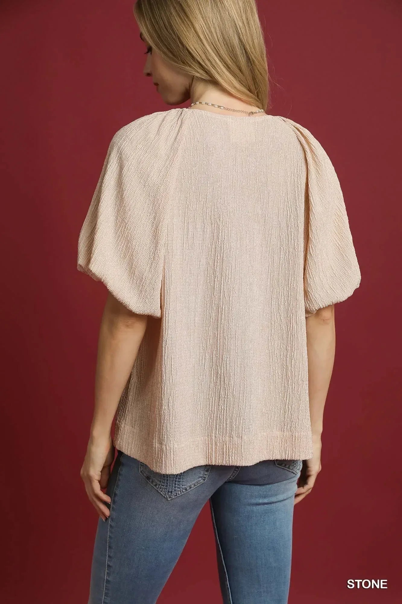 Umgee Texture Puff Sleeve Notched Blouse Stone - DAVERRI FASHIONS