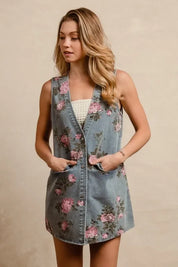 BiBi Floral Print Washed Denim Long Rider Vest with buttons and pockets