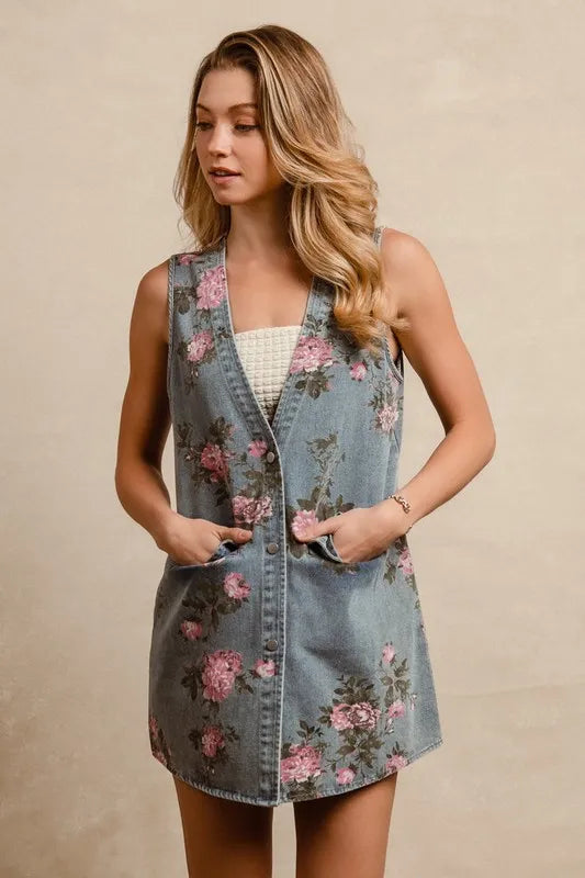 BiBi Floral Print Washed Denim Long Rider Vest Denim Vests