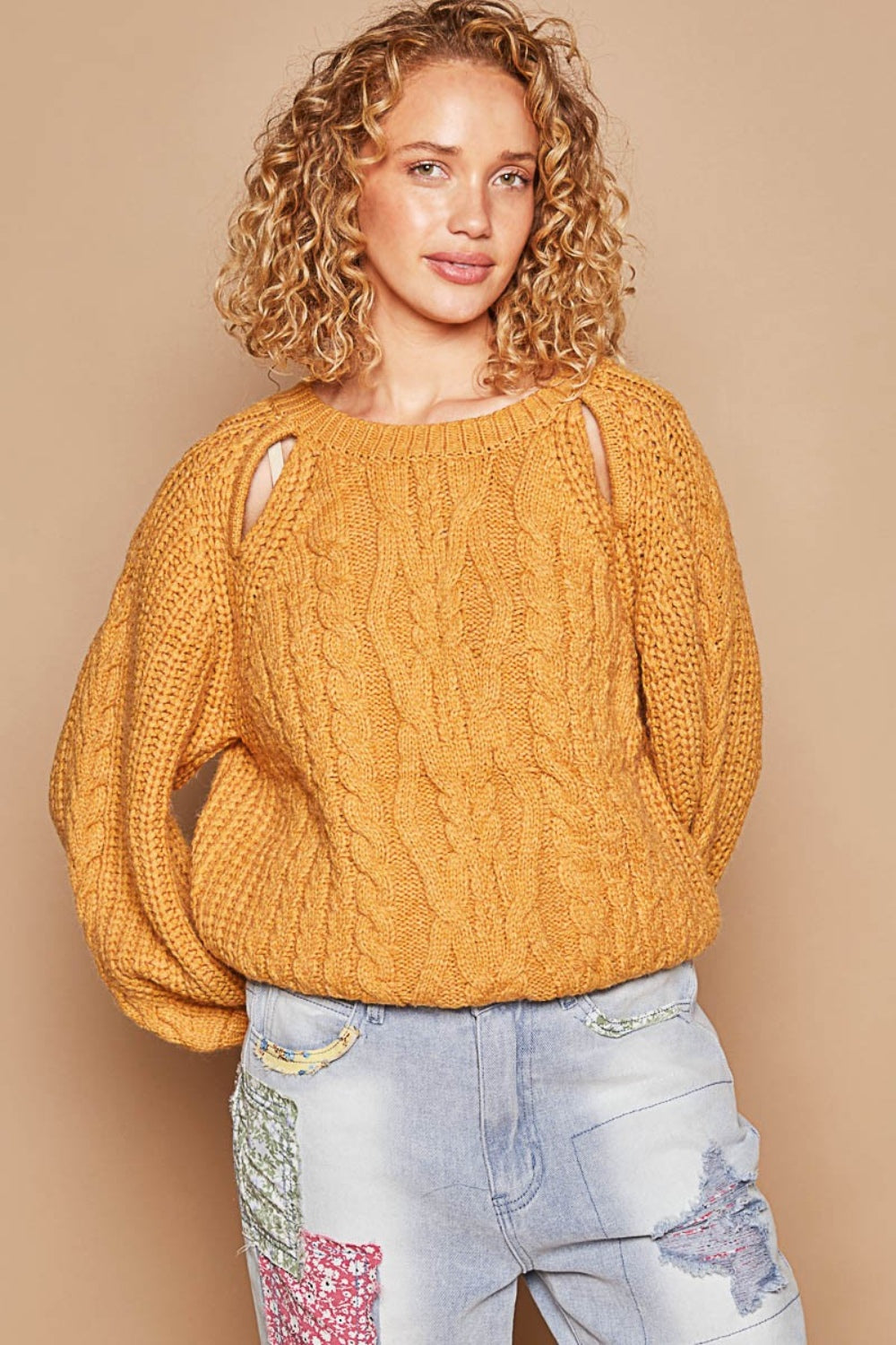 Cable Knit Cutout Long Sleeve Sweater Tops