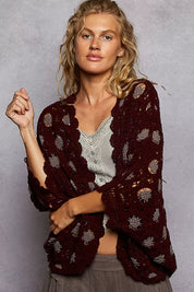 BURGUNDY GREY One Size POL Openwork V-Neck Chenille Cardigan with Contrast Floral Burgundy Grey | Cardigans Daverri Fashions