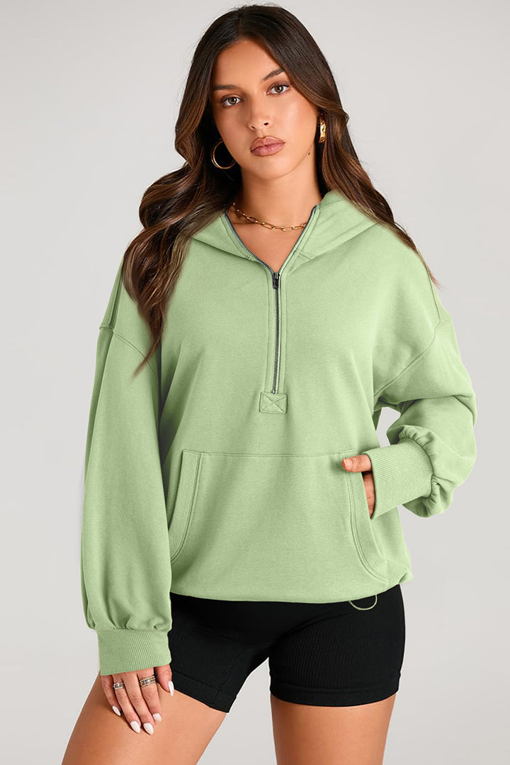 Pocketed Half Zip Long Sleeve Hoodie Tops