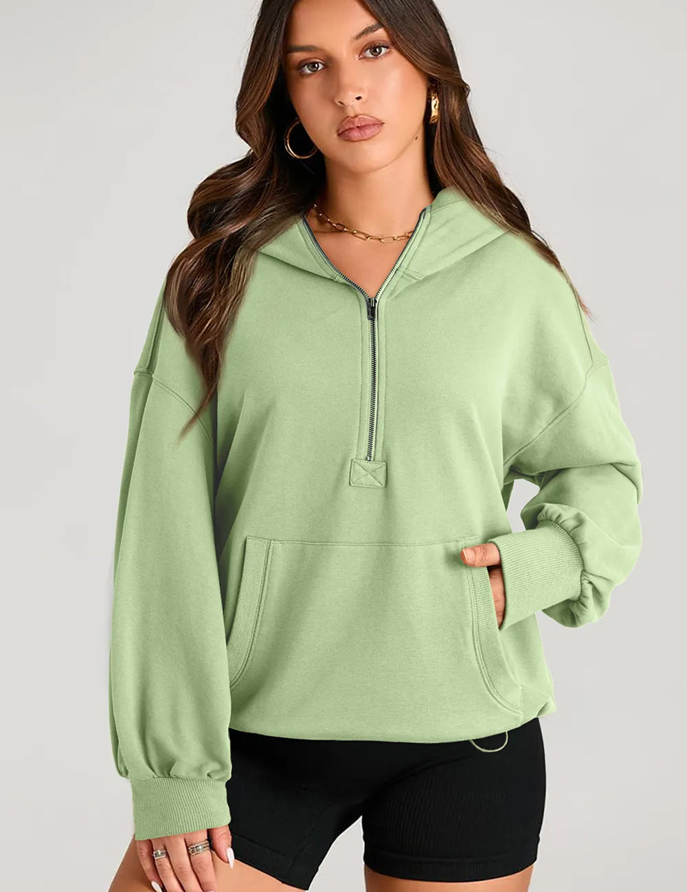 Pocketed Half Zip Long Sleeve Hoodie | Hoodies Daverri Fashions