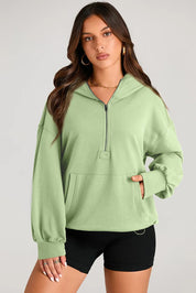 Pocketed Half Zip Long Sleeve Hoodie | Hoodies Daverri Fashions