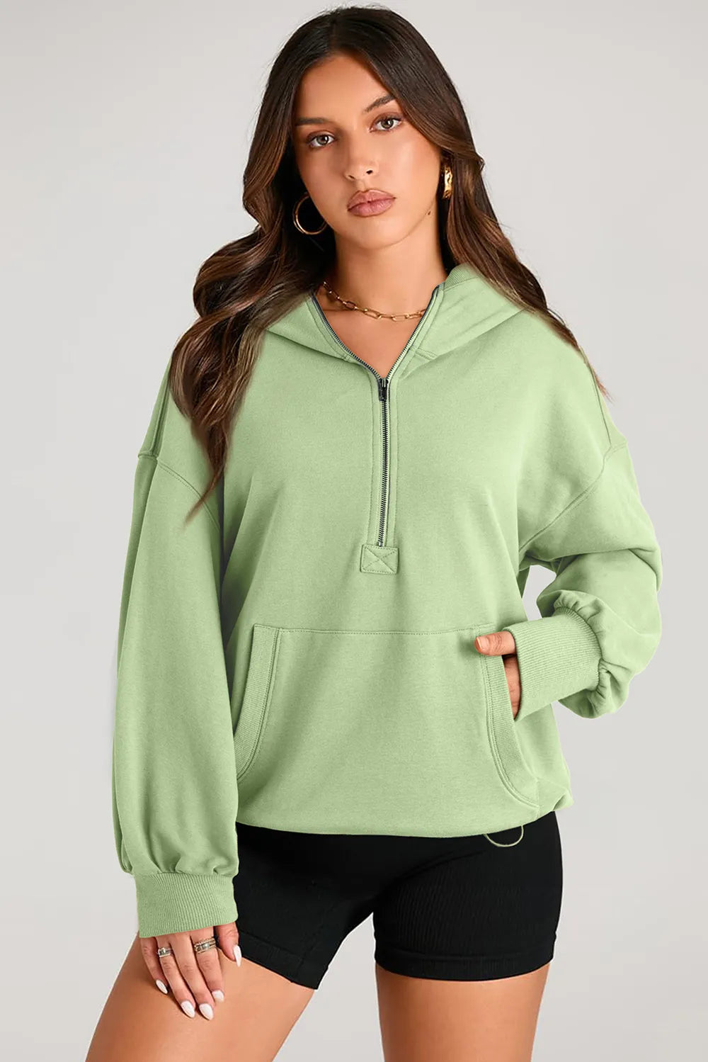 Pocketed Half Zip Long Sleeve Hoodie | Hoodies Daverri Fashions