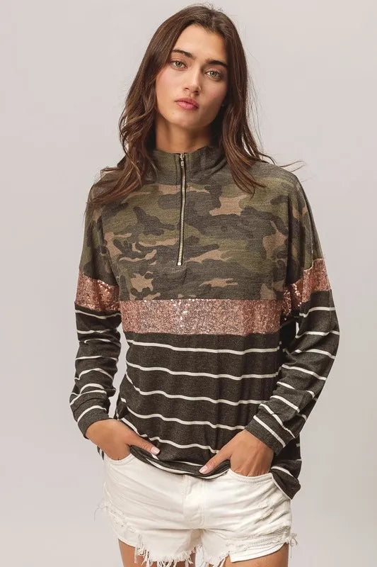 BiBi Camouflage French Terry Knit Top