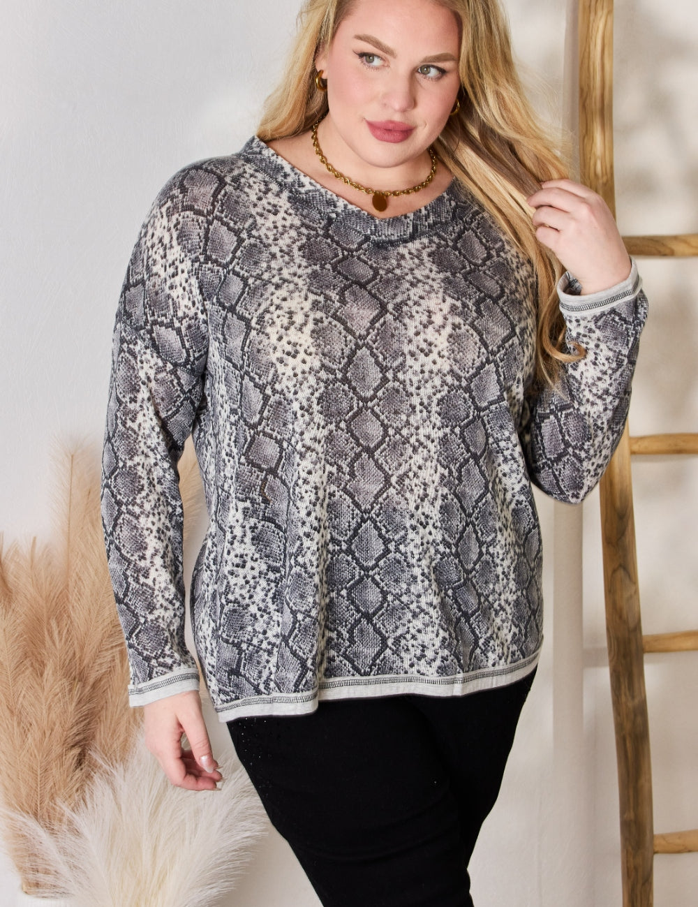 Hailey & Co Full Size Snakeskin V-Neck Long Sleeve Top