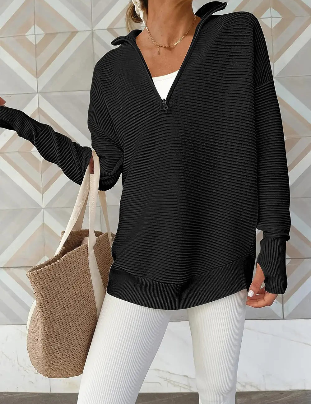 Black Half Zip Long Sleeve Knit Top | Knit Tops Daverri Fashions