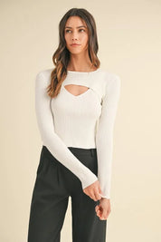 Off White MABLE Cut Out Long Sleeve Ribbed Knit Top | Tops Daverri Fashions