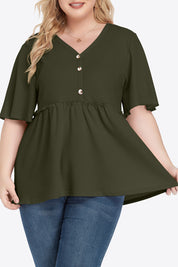 Olive green plus size buttoned V-neck frill trim babydoll blouse