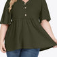 Plus Size Buttoned V-Neck Frill Trim Babydoll Blouse - DAVERRI FASHIONS