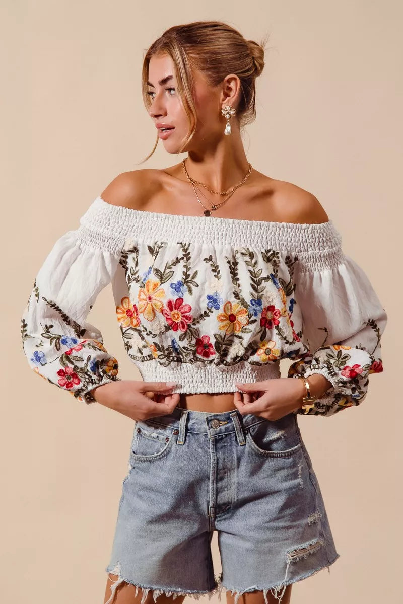 SO ME floral embroidered off-the-shoulder crop top in white