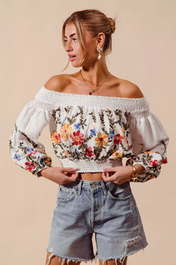 SO ME floral embroidered off-the-shoulder crop top in white