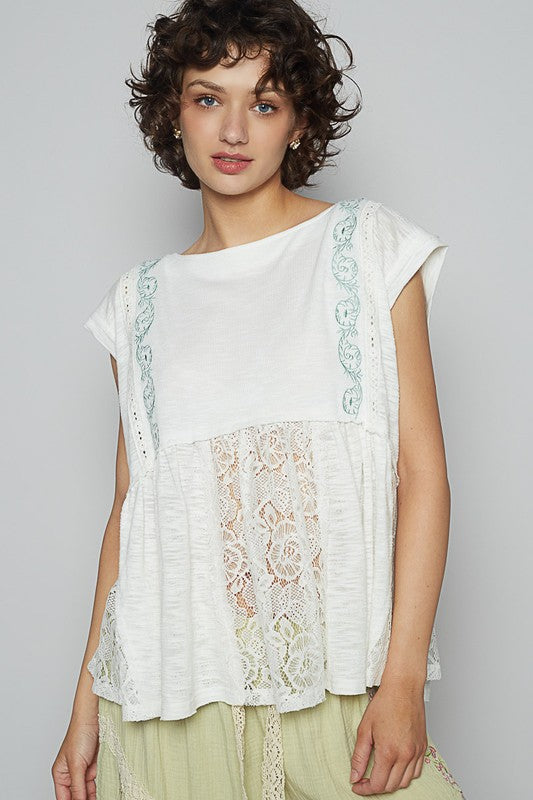 POL Embroidered Detail Boat Neck Cap Sleeve Lace Blouse White