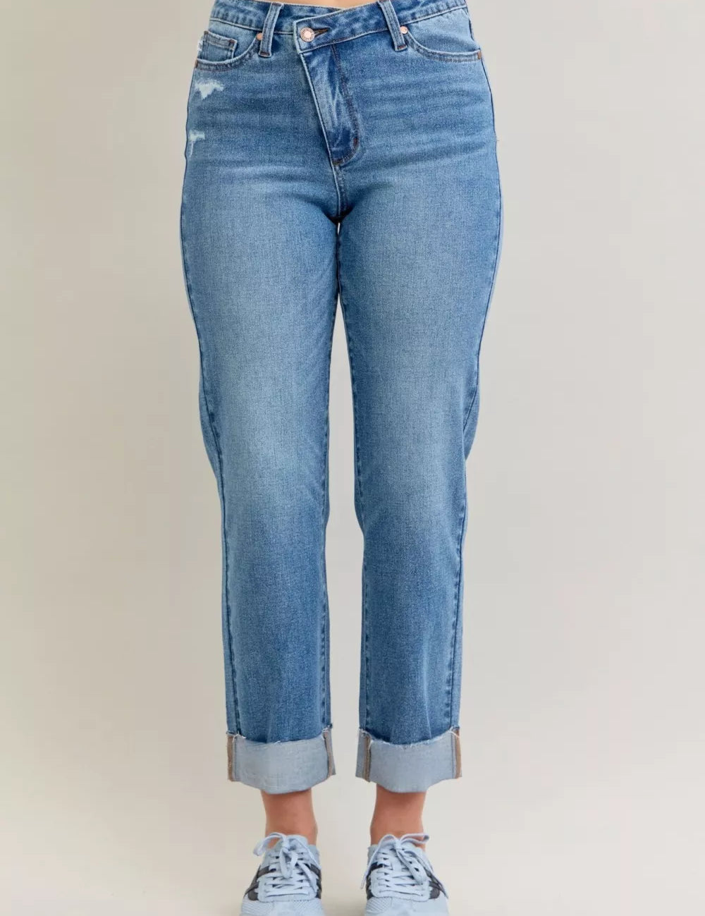 MD Judy Blue High Waist Bf Criss-cross Mild Destroy Jeans with Single Cuff | Daverri Fashions