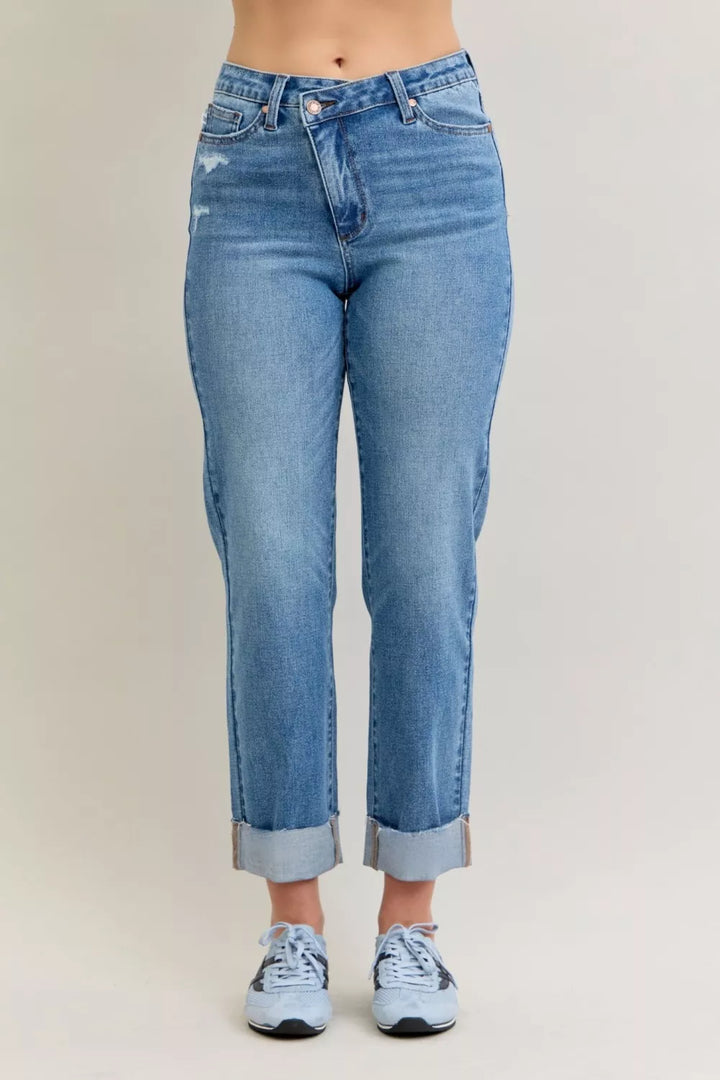 MD Judy Blue High Waist Bf Criss-cross Mild Destroy Jeans with Single Cuff | Daverri Fashions