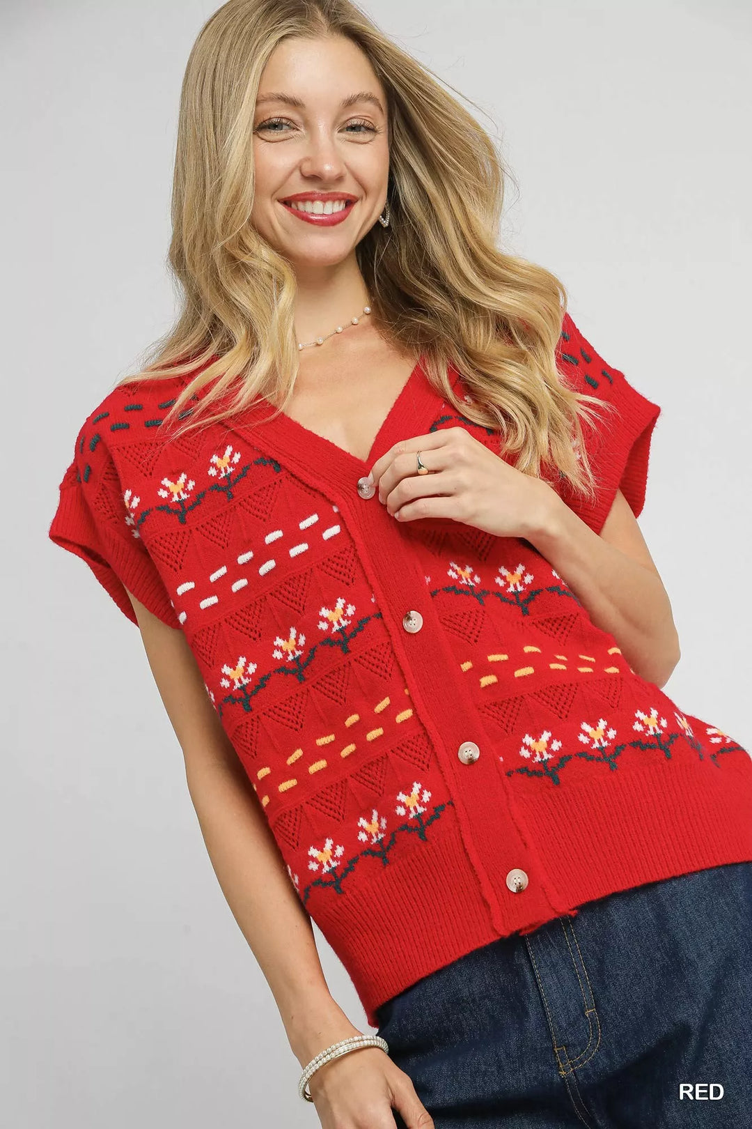Red Umgee Button-Down Knit Vest with Floral Pattern | Daverri Fashions