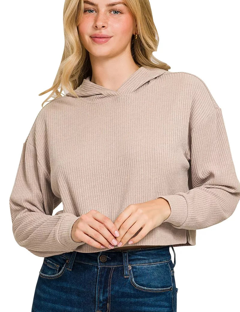 Zenana Drop Shoulder Ribbed Crop Hoodie Ash Mocha | Hoodies Daverri Fashions